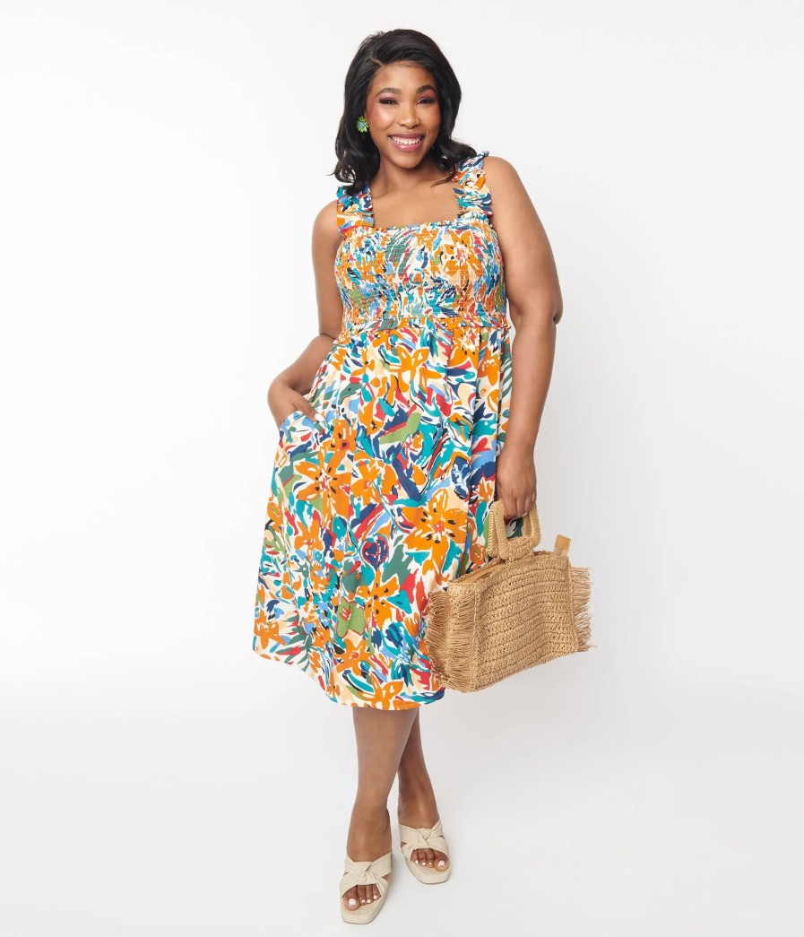 * 143 Story (Faire) Multicolor Brush Stroke Florals Midi Dress Midi & Maxi