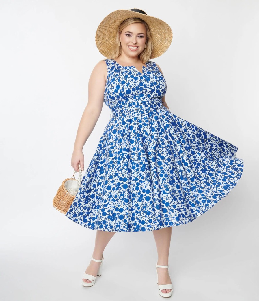 * Sheen Clothing Ltd White & Blue Floral Swing Dress Swing