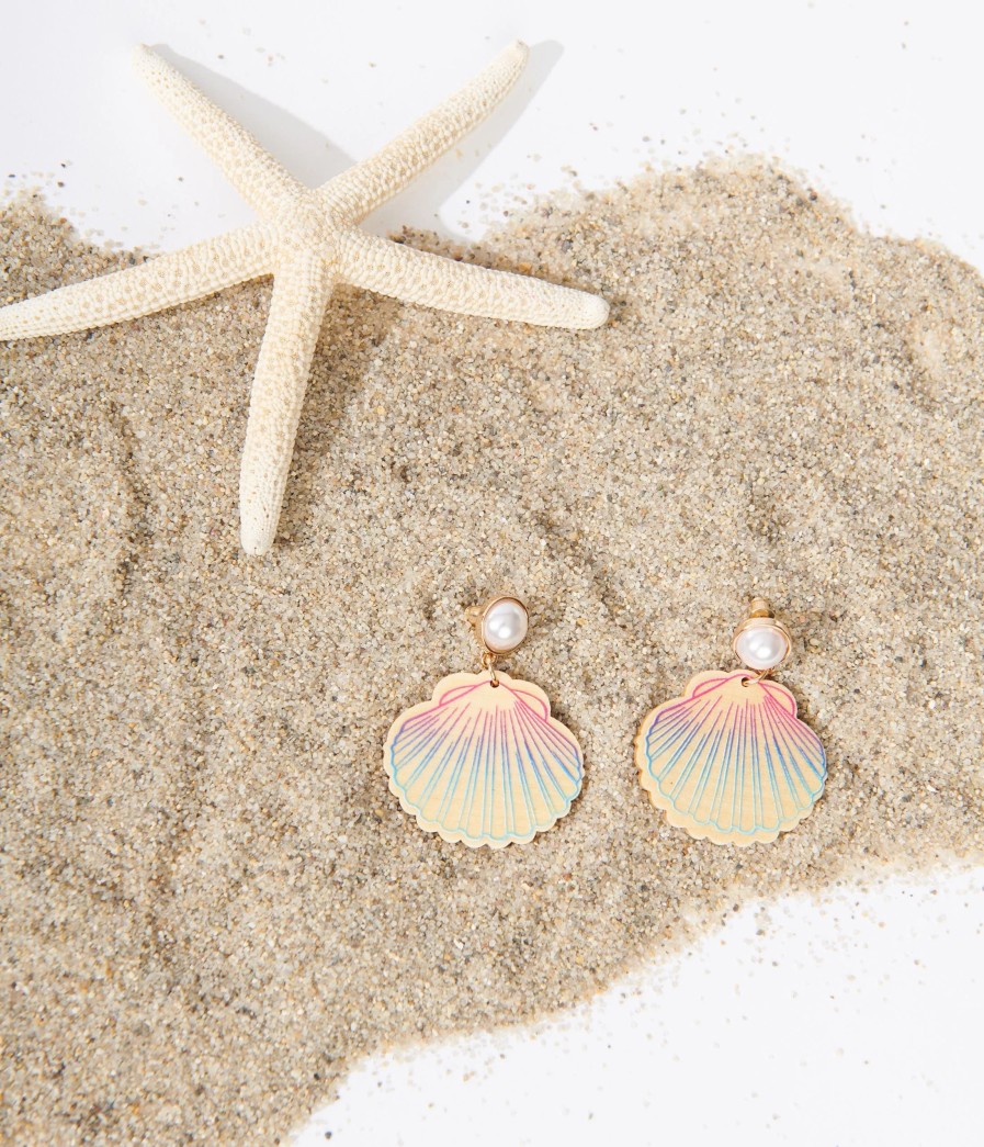 * Fashion City Blue & Pink Ombre Wooden Seashell Drop Earrings Swim Accessories