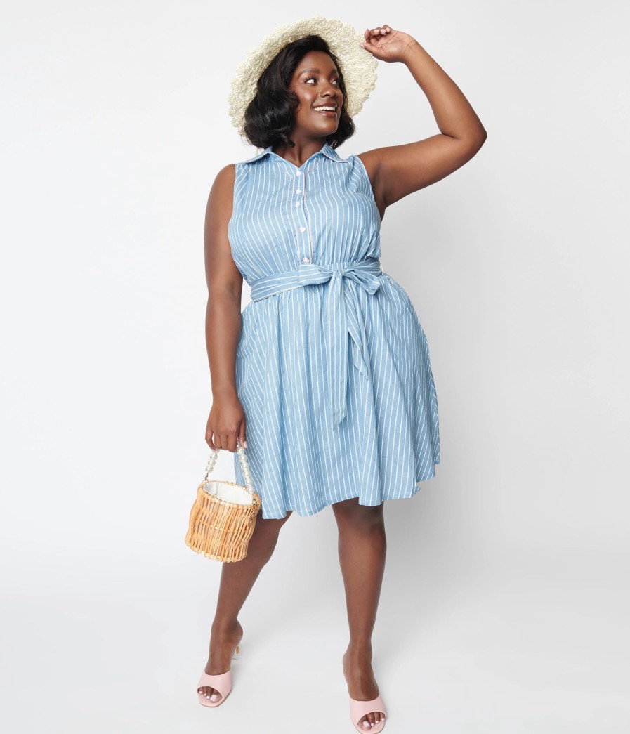 * Unique Vintage Curve Blue & White Striped Heart Buttoned Flare Dress Fit & Flare