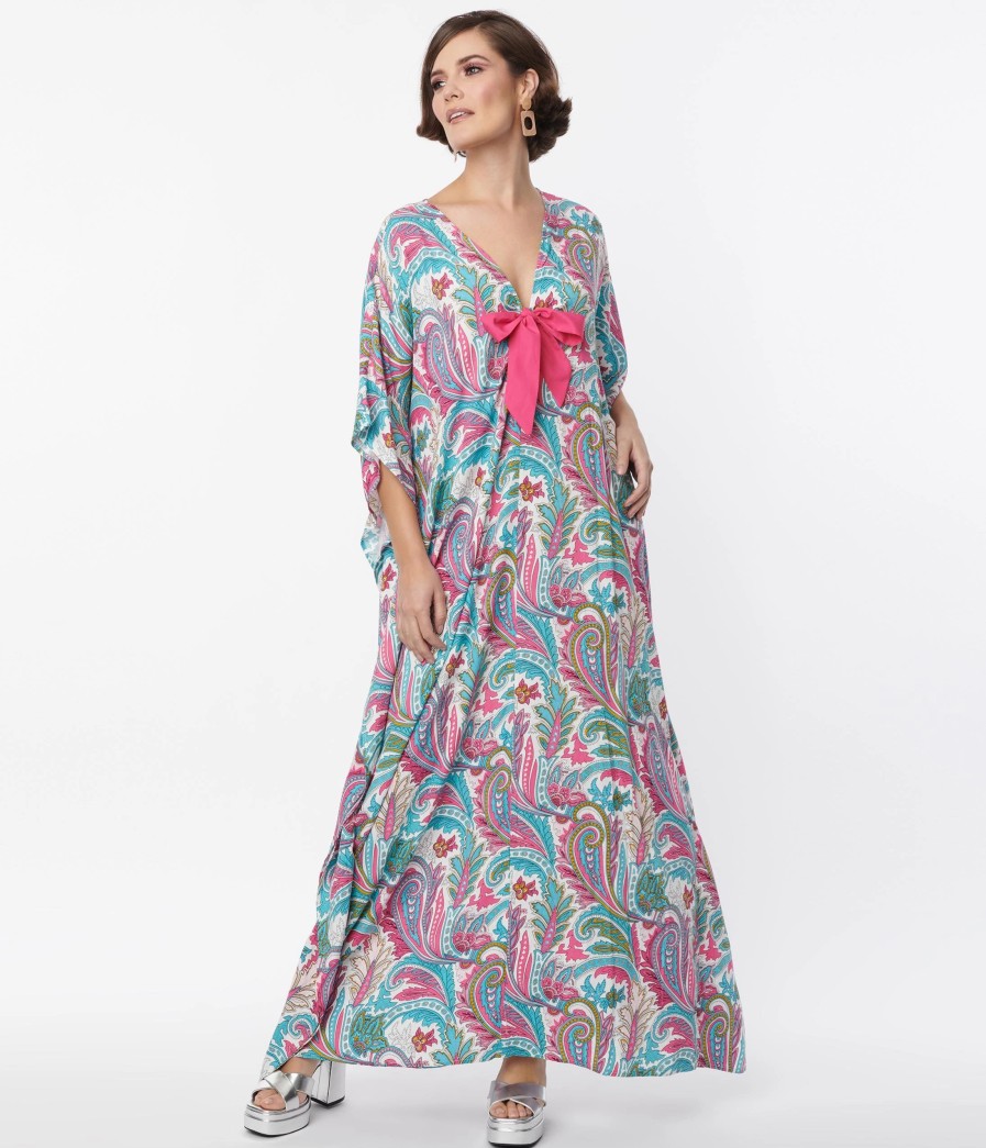 * Unique Vintage Pink & Blue Paisley Print Bow Front Caftan Midi & Maxi