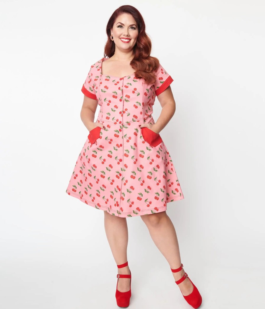 * Unique Vintage Plus Size Pink Denim & Cherry Print Fit & Flare Dress Everyday