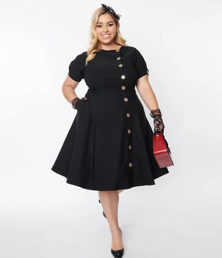 * Unique Vintage Plus Size Black Button Swing Dress Swing