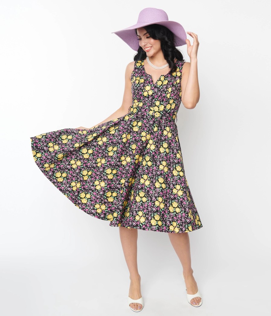 * Sheen Clothing Ltd Black Floral Ria Swing Dress Swing