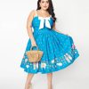 * Unique Vintage Plus Size Blue & White Farm Border Golightly Swing Dress Everyday