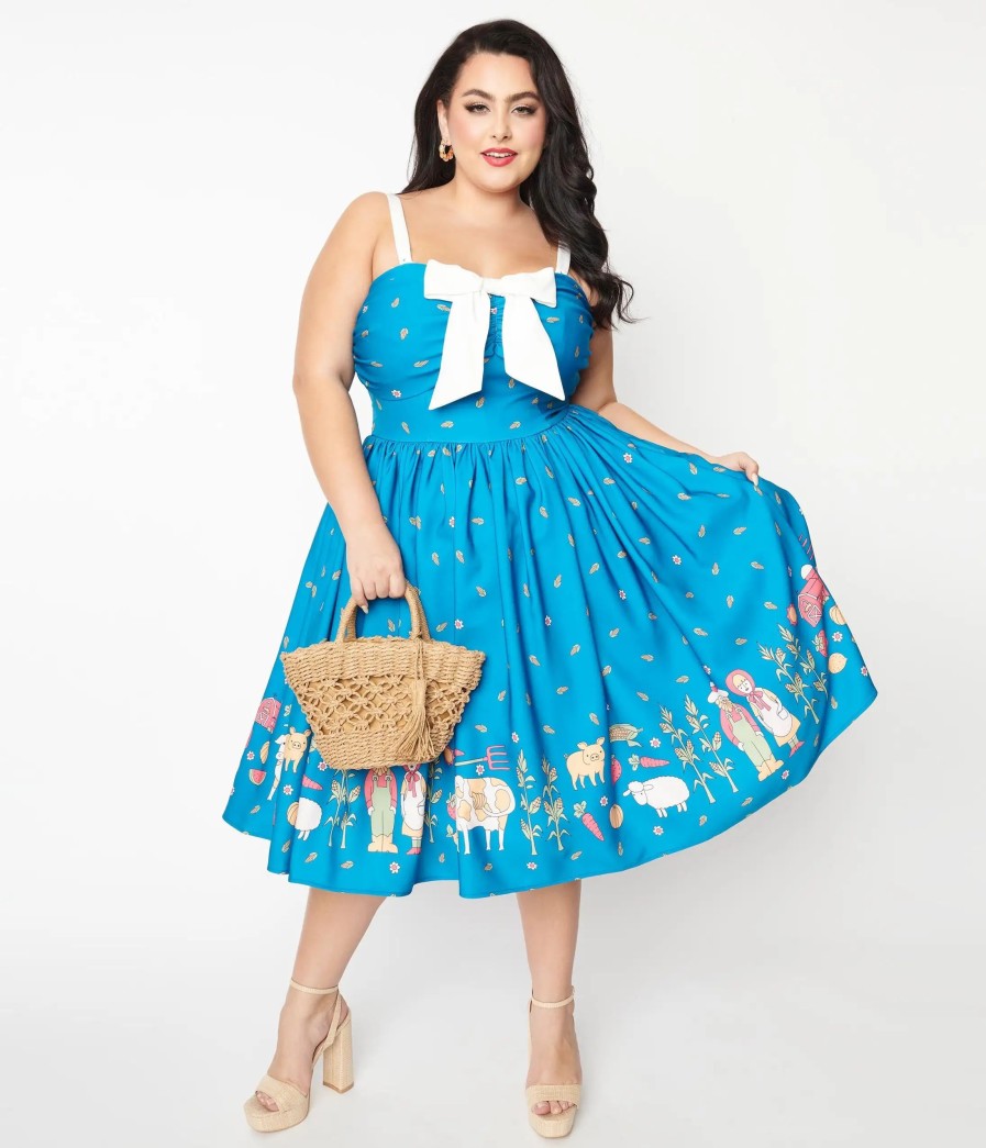 * Unique Vintage Plus Size Blue & White Farm Border Golightly Swing Dress Everyday