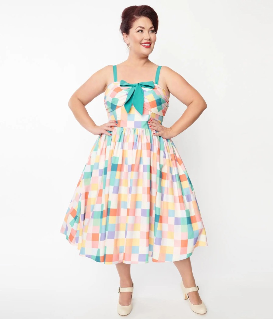 * Unique Vintage Plus Size Pastel Rainbow Checkered Golightly Flare Dress Fit & Flare