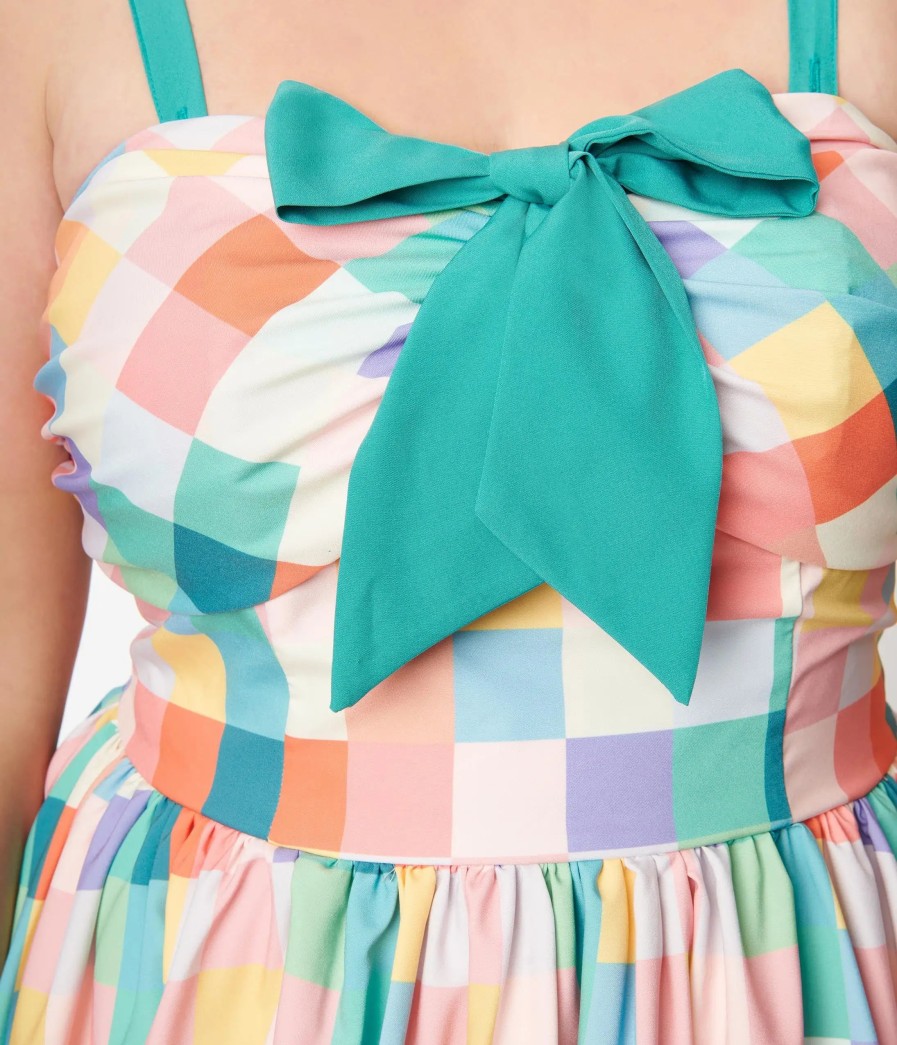 * Unique Vintage Plus Size Pastel Rainbow Checkered Golightly Flare Dress Fit & Flare