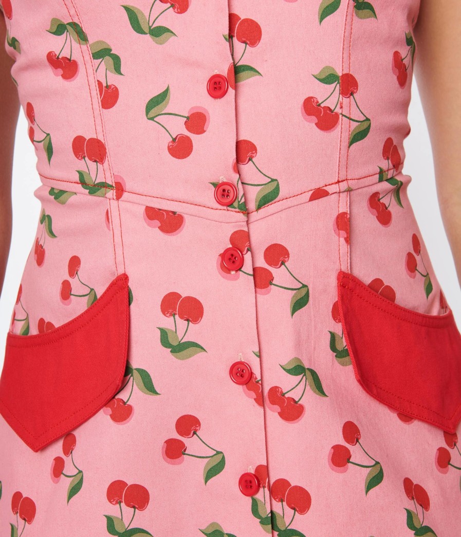 * Unique Vintage Pink Denim & Cherry Print Fit & Flare Dress Everyday