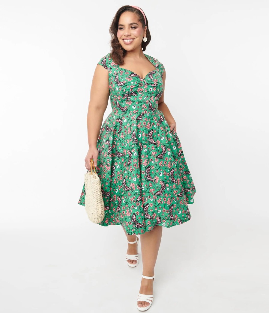 * Pop Soda Hell Bunny Green Skeleton & Moths Floral Madilynn Midi Dress Fit & Flare