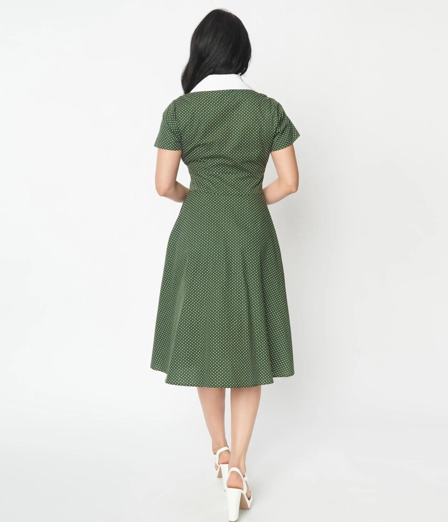 * Unique Vintage Green & White Pin Dot Cat Swing Dress Swing